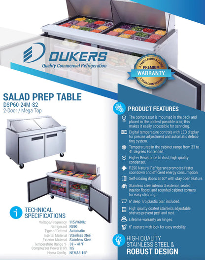 Dukers DSP60-24M-S2 2-Door Commercial Food Prep Table Refrigerator in Stainless Steel with Mega Top
