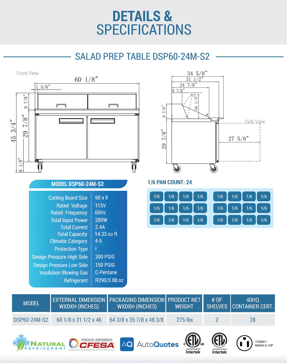 Dukers DSP60-24M-S2 2-Door Commercial Food Prep Table Refrigerator in Stainless Steel with Mega Top