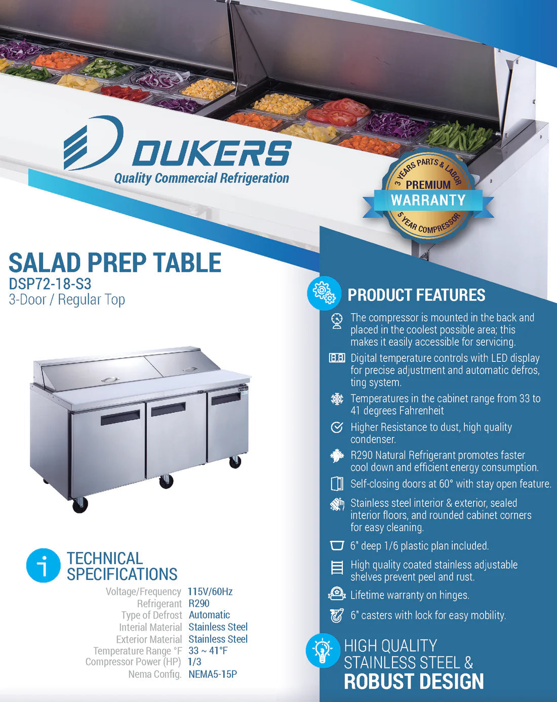Dukers DSP72-18-S3 3-Door Commercial Food Prep Table Refrigerator in Stainless Steel