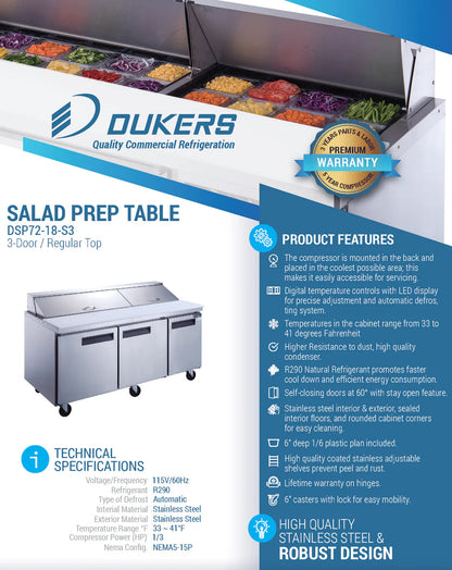 Dukers DSP72-18-S3 3-Door Commercial Food Prep Table Refrigerator in Stainless Steel