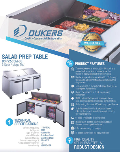 Dukers DSP72-30M-S3 3-Door Commercial Food Prep Table Refrigerator in Stainless Steel with Mega Top