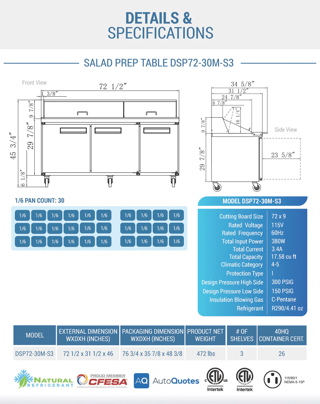 Dukers DSP72-30M-S3 3-Door Commercial Food Prep Table Refrigerator in Stainless Steel with Mega Top