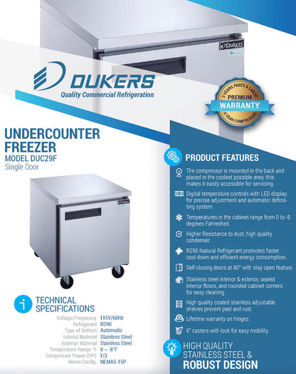 Dukers DUC29F Single Door Undercounter Freezer in Stainless Steel