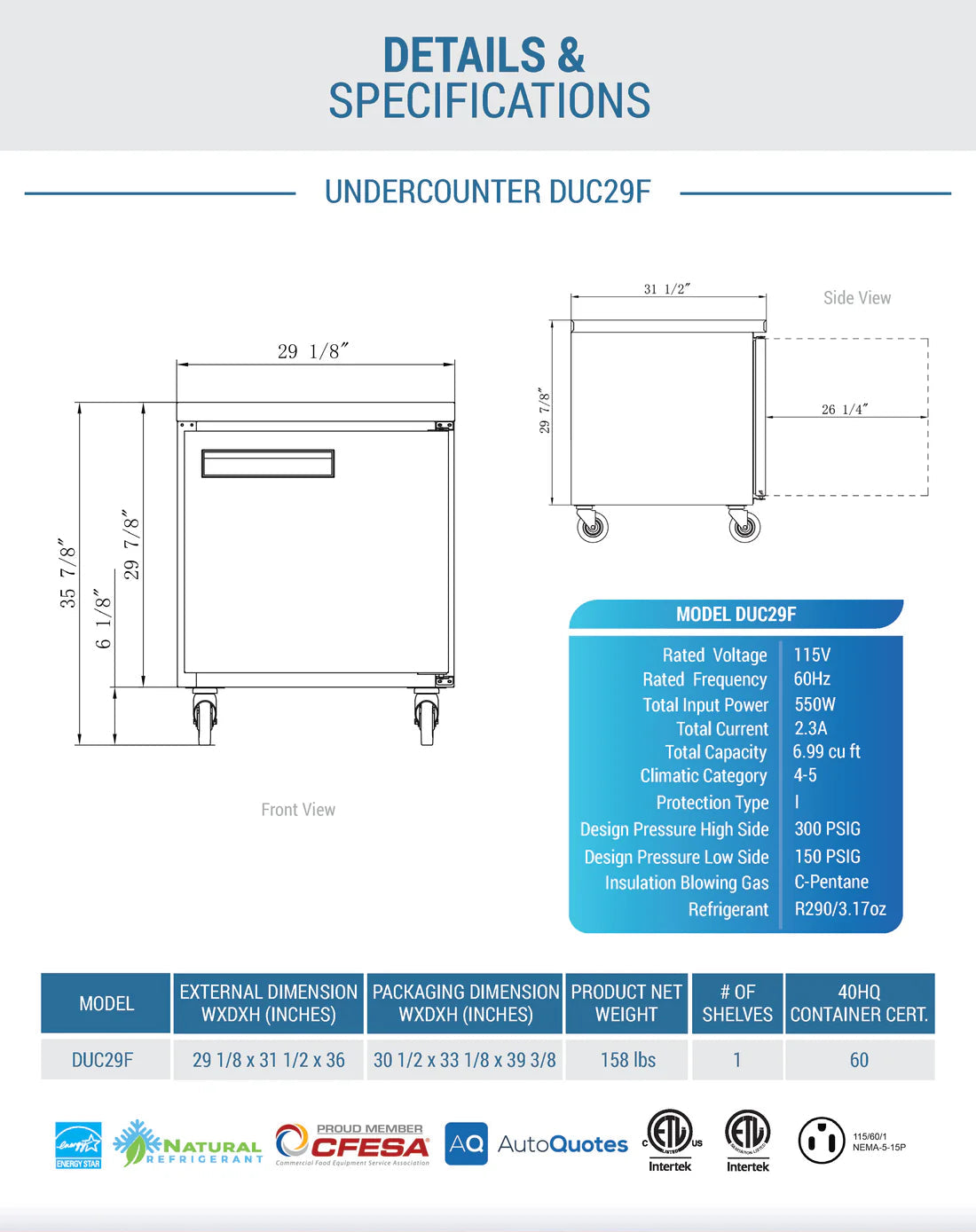 Dukers DUC29F Single Door Undercounter Freezer in Stainless Steel