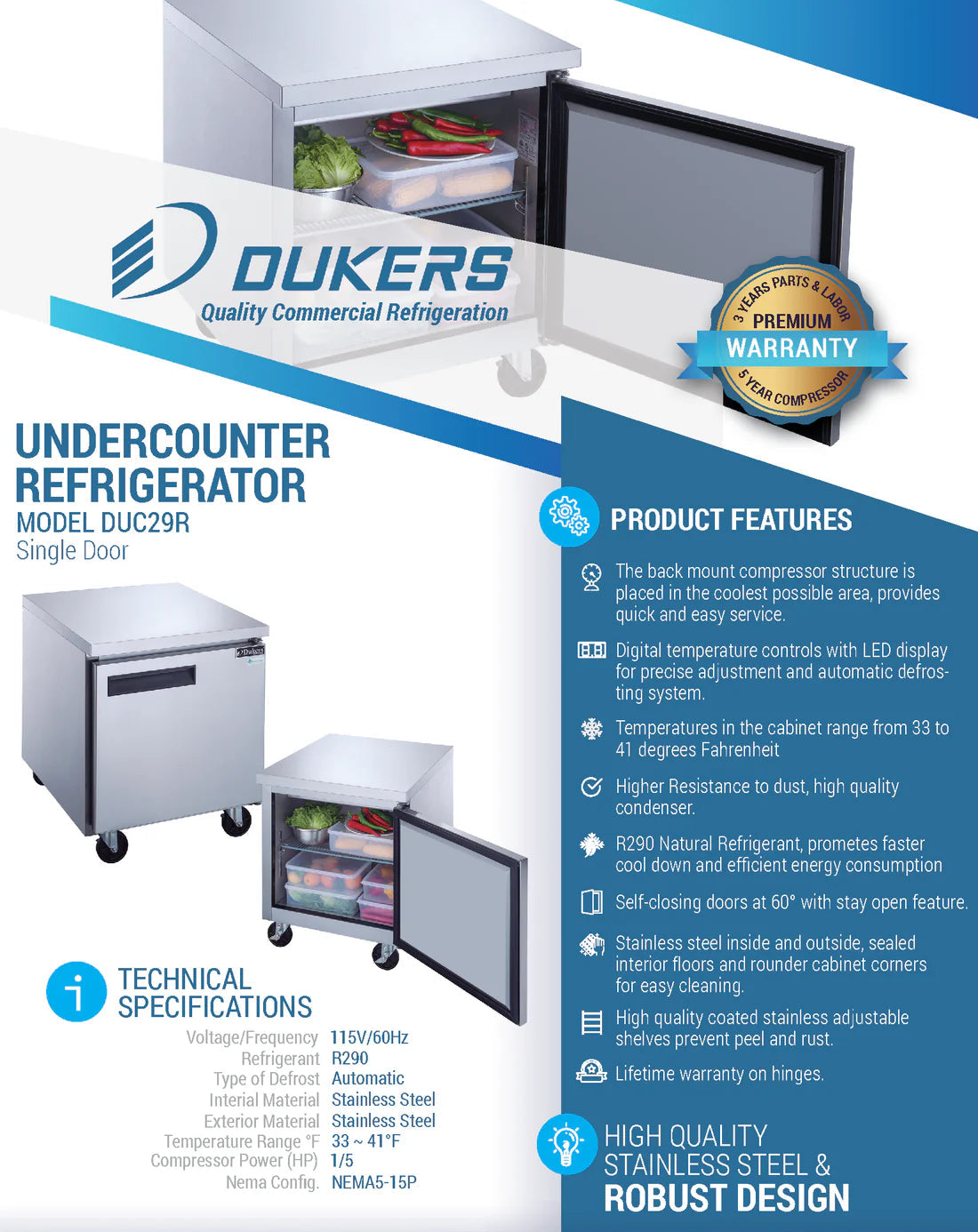 Dukers DUC29R Single Door Undercounter Refrigerator in Stainless Steel