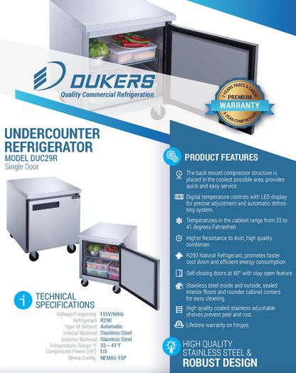 Dukers DUC29R Single Door Undercounter Refrigerator in Stainless Steel