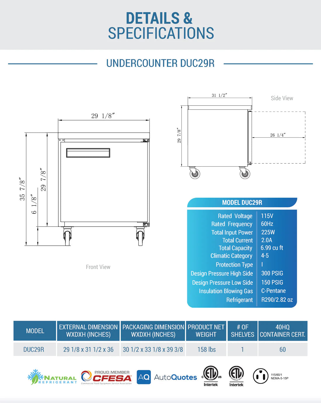 Dukers DUC29R Single Door Undercounter Refrigerator in Stainless Steel