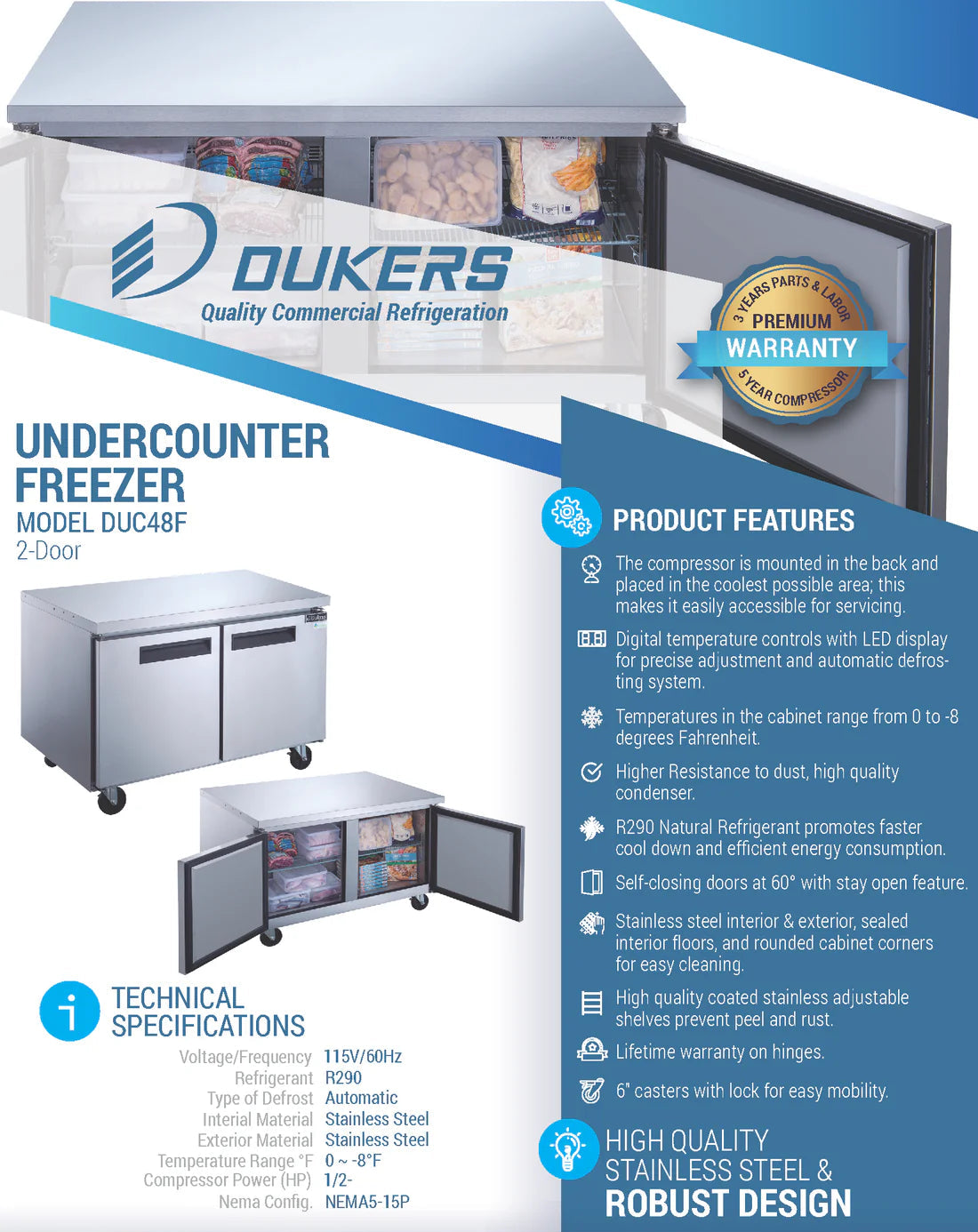 Dukers DUC48F 2-Door Undercounter Freezer in Stainless Steel