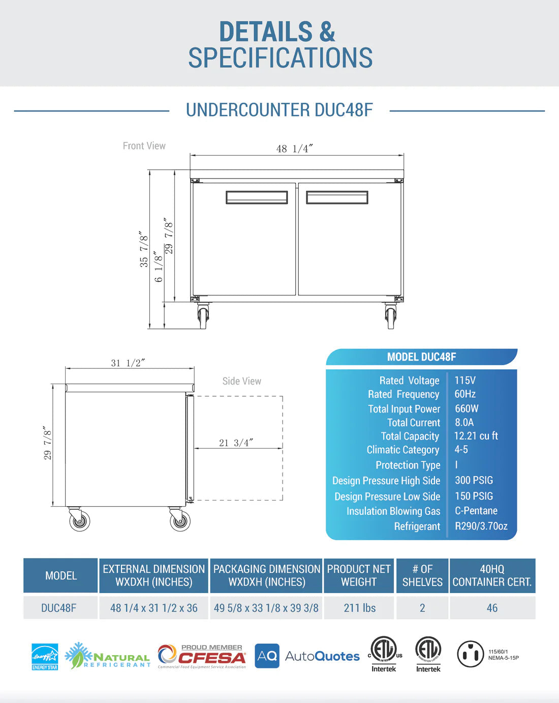Dukers DUC48F 2-Door Undercounter Freezer in Stainless Steel
