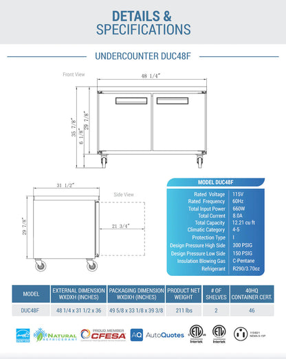Dukers DUC48F 2-Door Undercounter Freezer in Stainless Steel