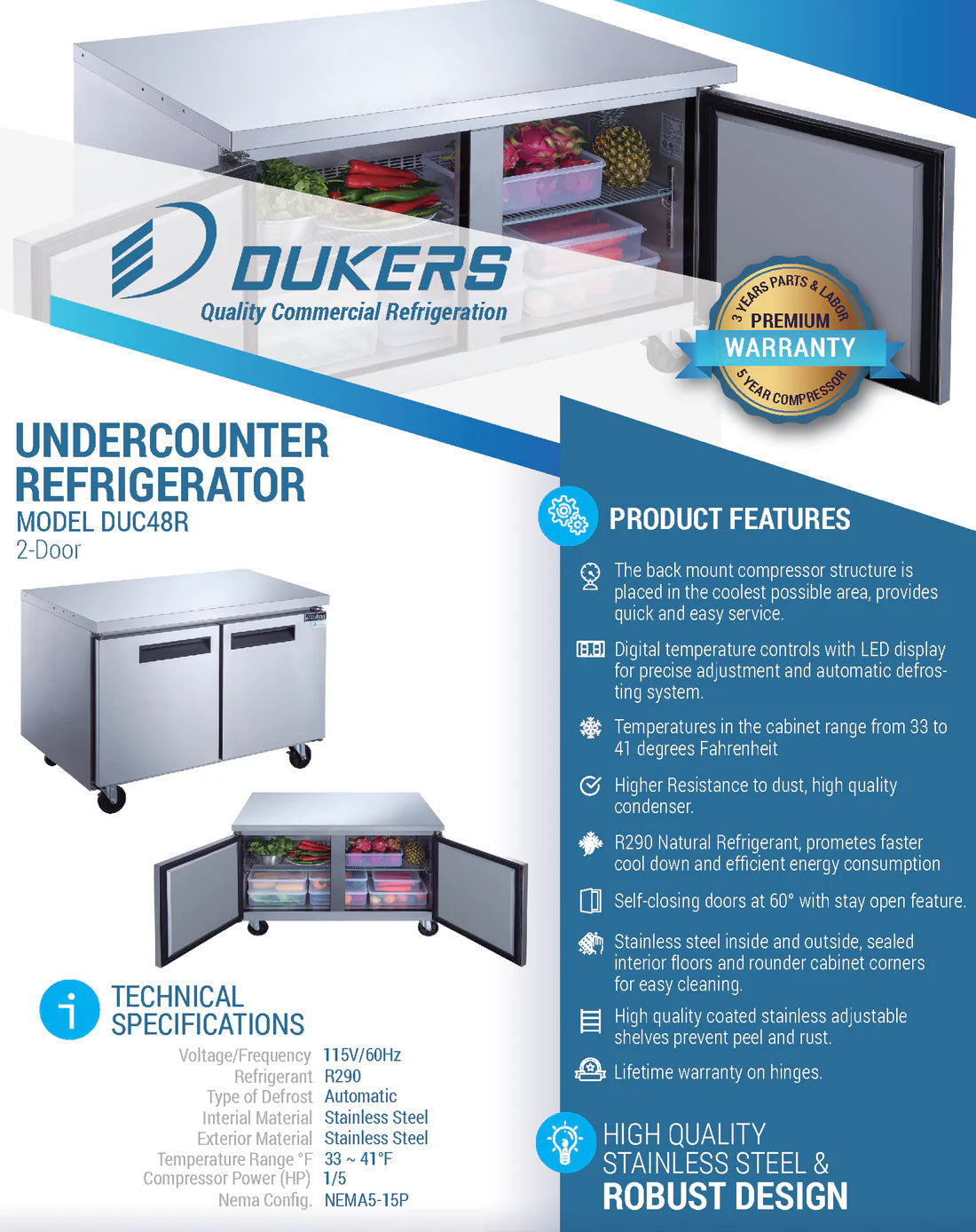 Dukers DUC48R 2-Door Undercounter Refrigerator in Stainless Steel