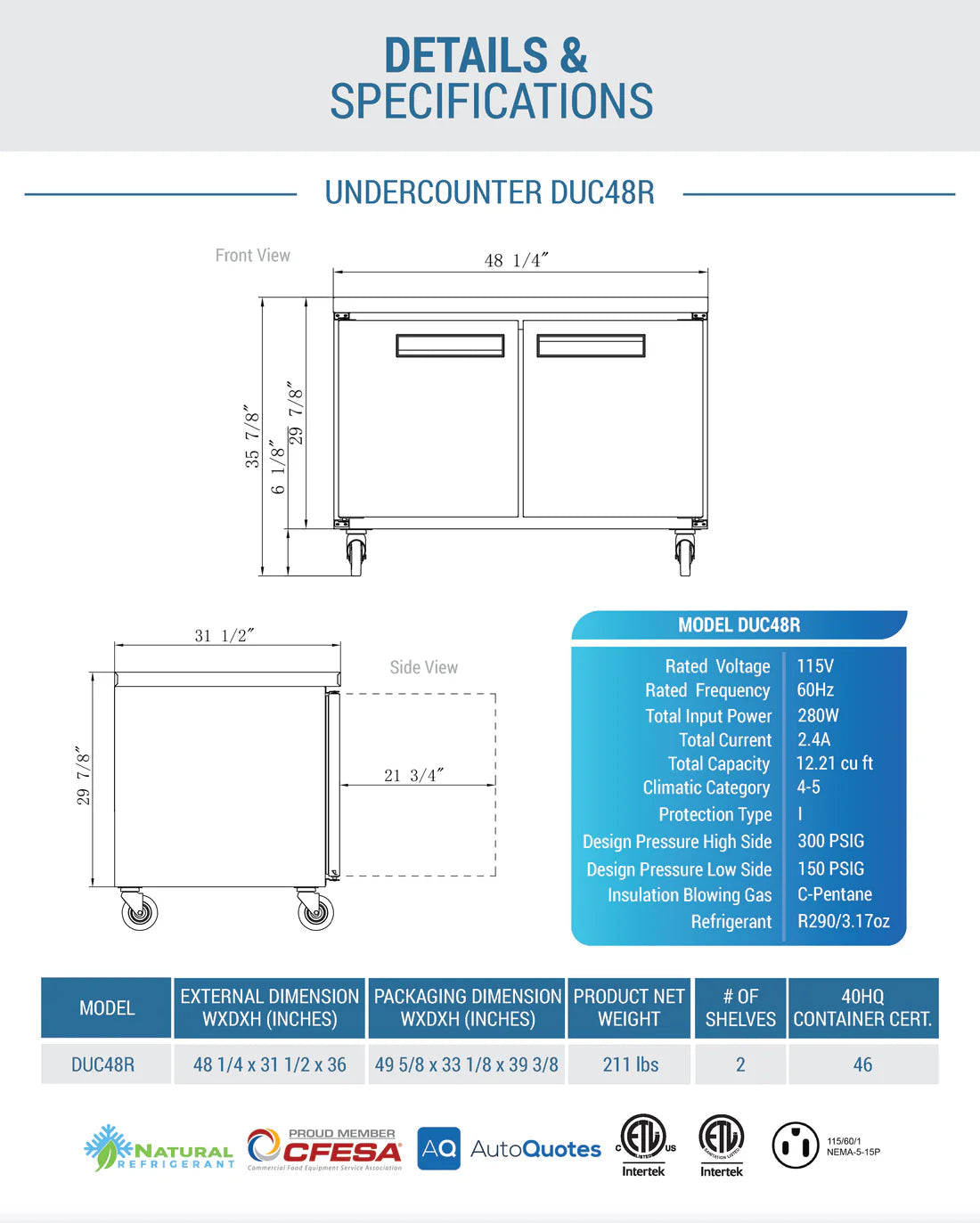 Dukers DUC48R 2-Door Undercounter Refrigerator in Stainless Steel