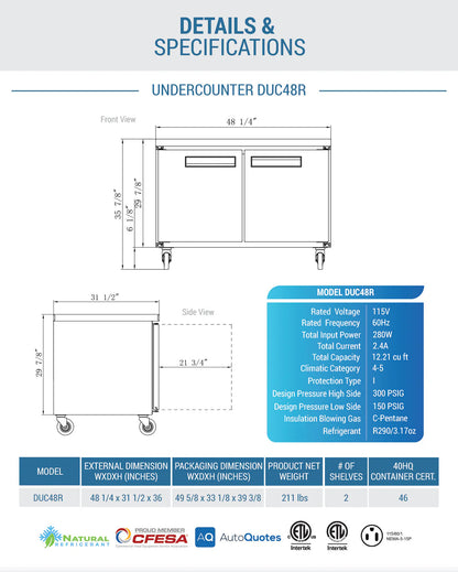 Dukers DUC48R 2-Door Undercounter Refrigerator in Stainless Steel