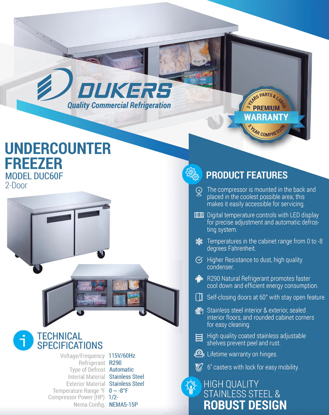 Dukers DUC60F 2-Door Undercounter Commercial Freezer in Stainless Steel