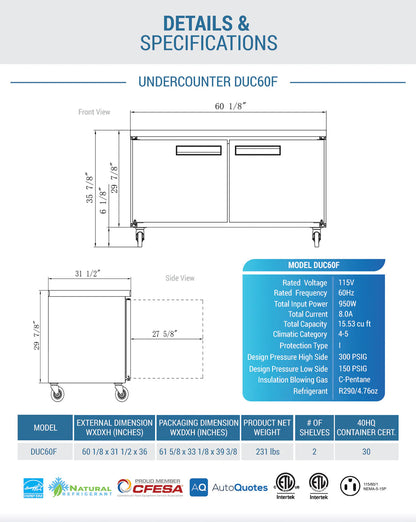 Dukers DUC60F 2-Door Undercounter Commercial Freezer in Stainless Steel