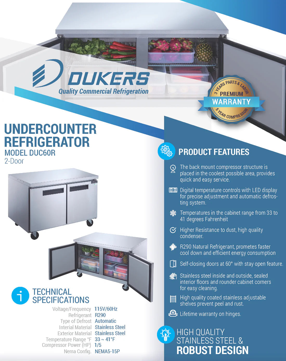 Dukers DUC60R 2-Door Undercounter Commercial Refrigerator in Stainless Steel