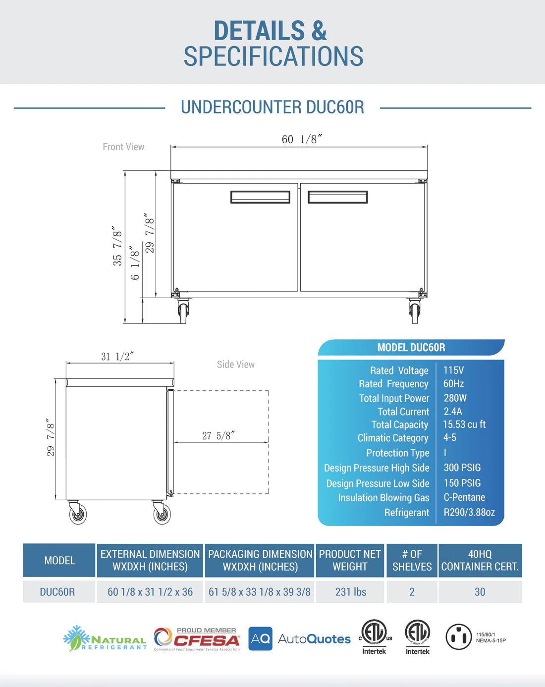 Dukers DUC60R 2-Door Undercounter Commercial Refrigerator in Stainless Steel