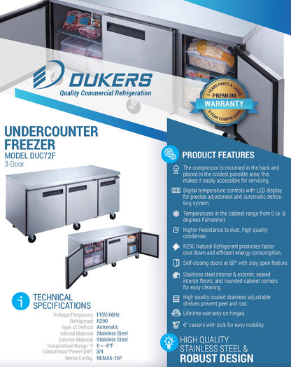 Dukers DUC72F 3-Door Undercounter Commercial Freezer in Stainless Steel