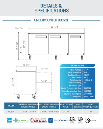 Dukers DUC72F 3-Door Undercounter Commercial Freezer in Stainless Steel