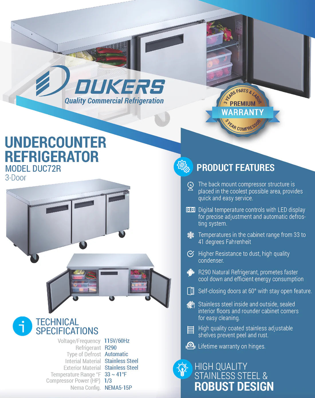 Dukers DUC72R 3-Door Undercounter Commercial Refrigerator in Stainless Steel
