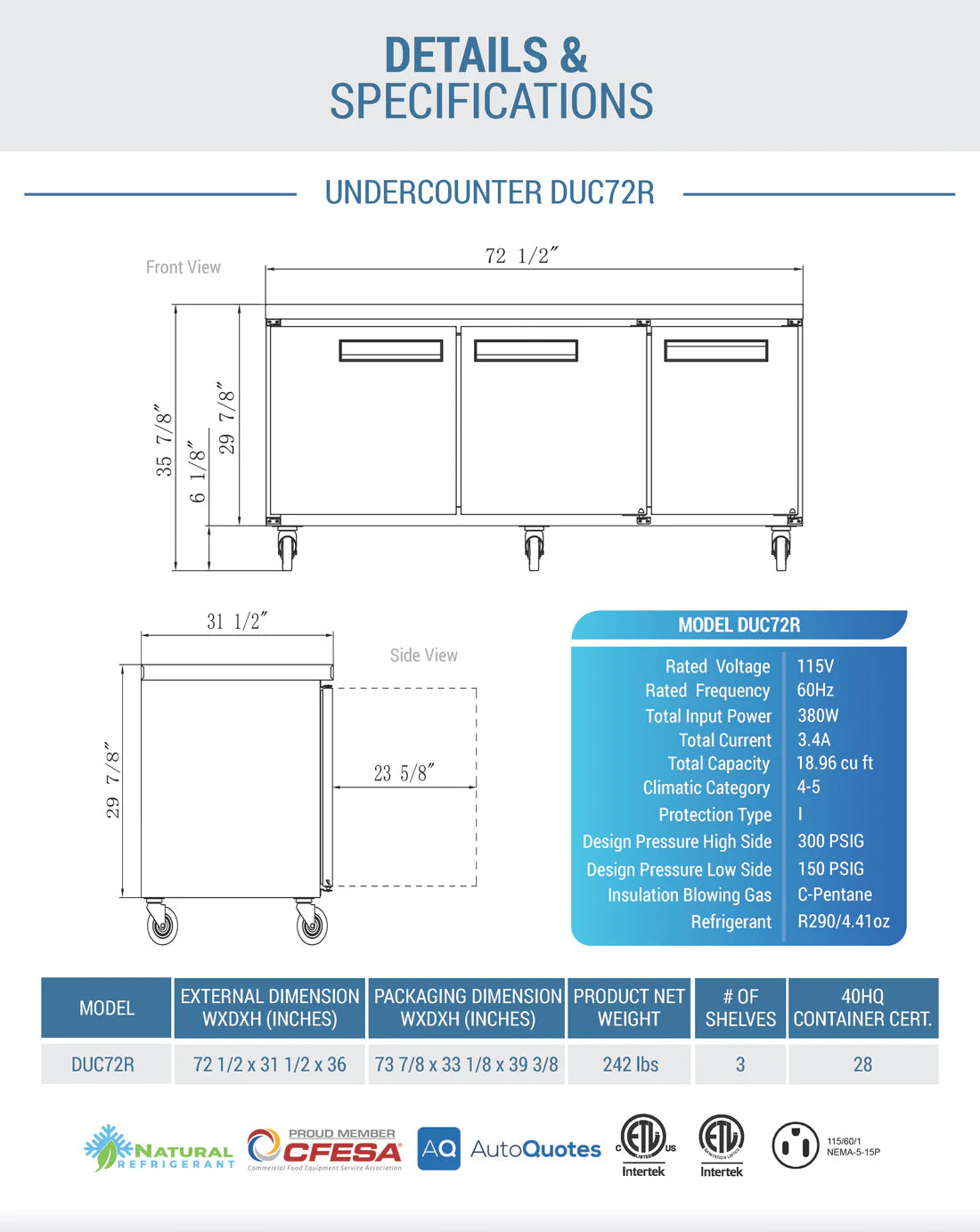 Dukers DUC72R 3-Door Undercounter Commercial Refrigerator in Stainless Steel