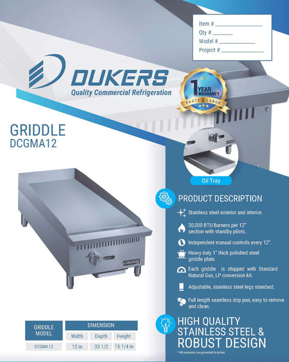 Dukers DCGMA12 12 in. W Griddle with 1 Burners