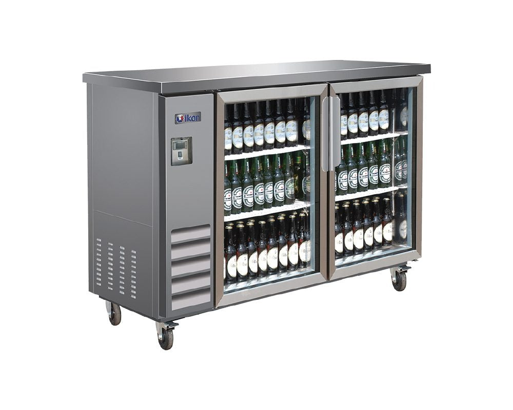 IKON IBB49-2G-24SS Stainless Steel Back Bar Storage Cabinet – 2 Glass Doors, Heavy-Duty Refrigeration