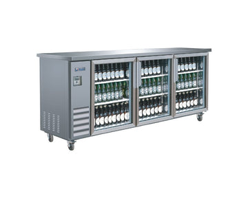 IKON IBB73-3G-24SS Refrigerated Back Bar Storage Cabinet – 3 Sections, Lockable Glass Doors, Stainless Steel