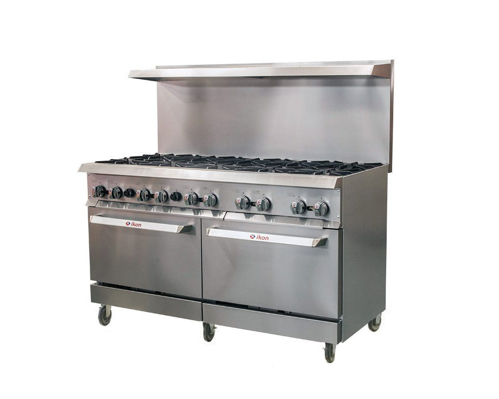IKON IR-10-60 Gas Range – 10 Burners with 2 Static Ovens, 30,000 BTU Burners, NG/LP