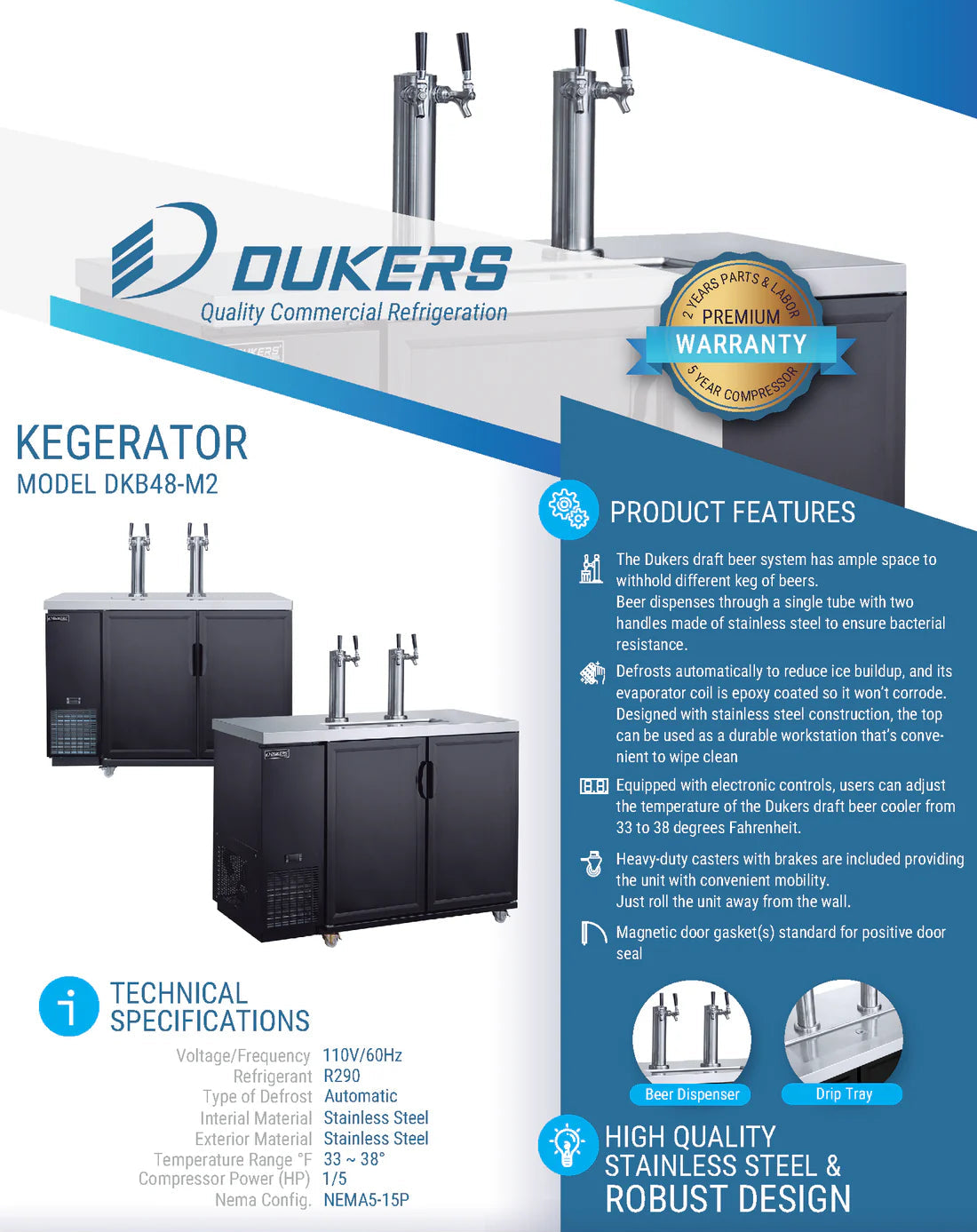 Dukers DKB48-M2 Dual Tap Kegerator Beer Dispenser