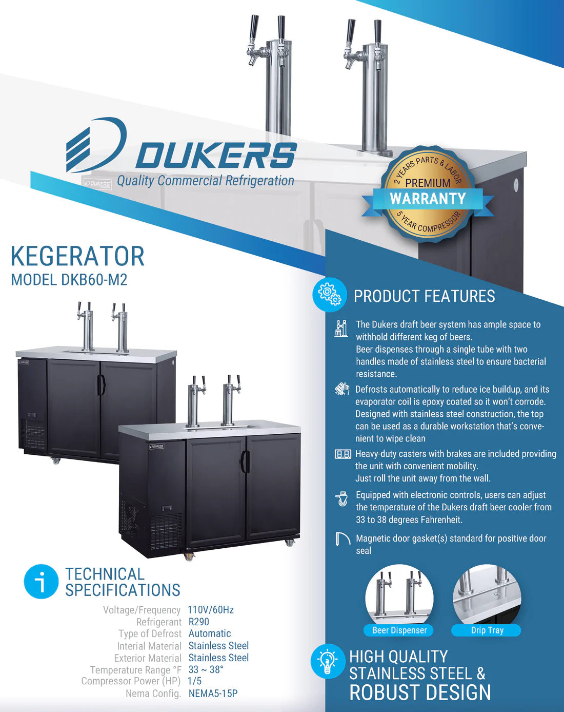 Dukers DKB60-M2 Dual Tap Kegerator Beer Dispenser