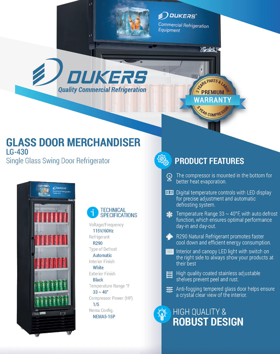 Dukers LG-430 Commercial Single Swing Door Glass Merchandiser Refrigerator