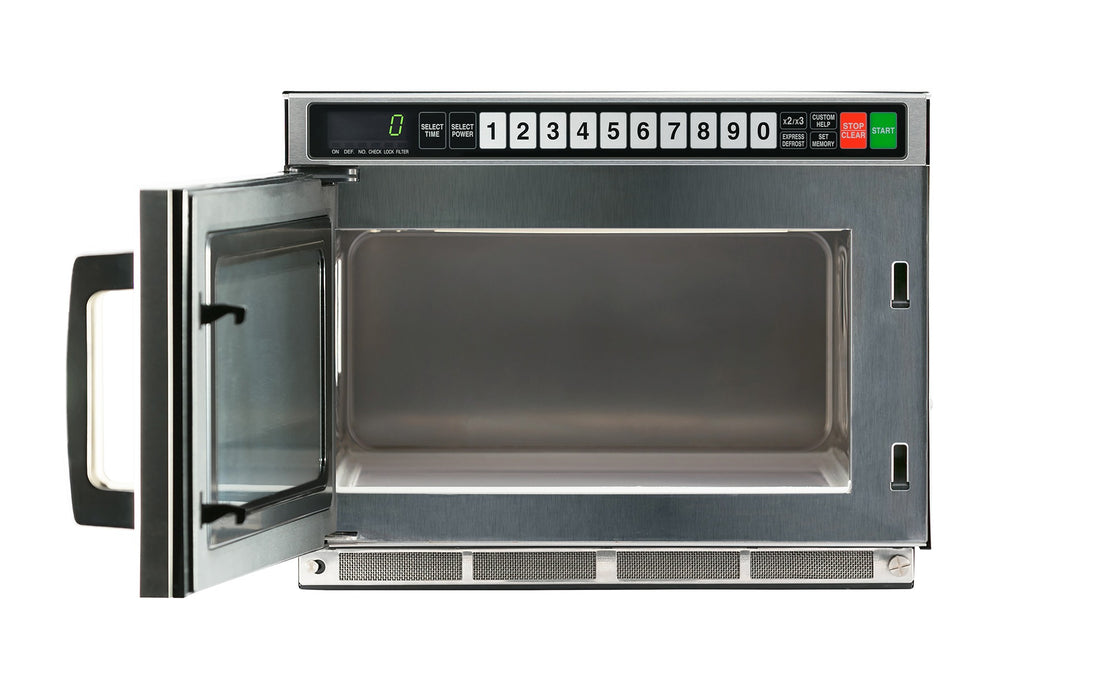 Sharp RCD2200M heavy-duty commercial microwave with open door and control panel.