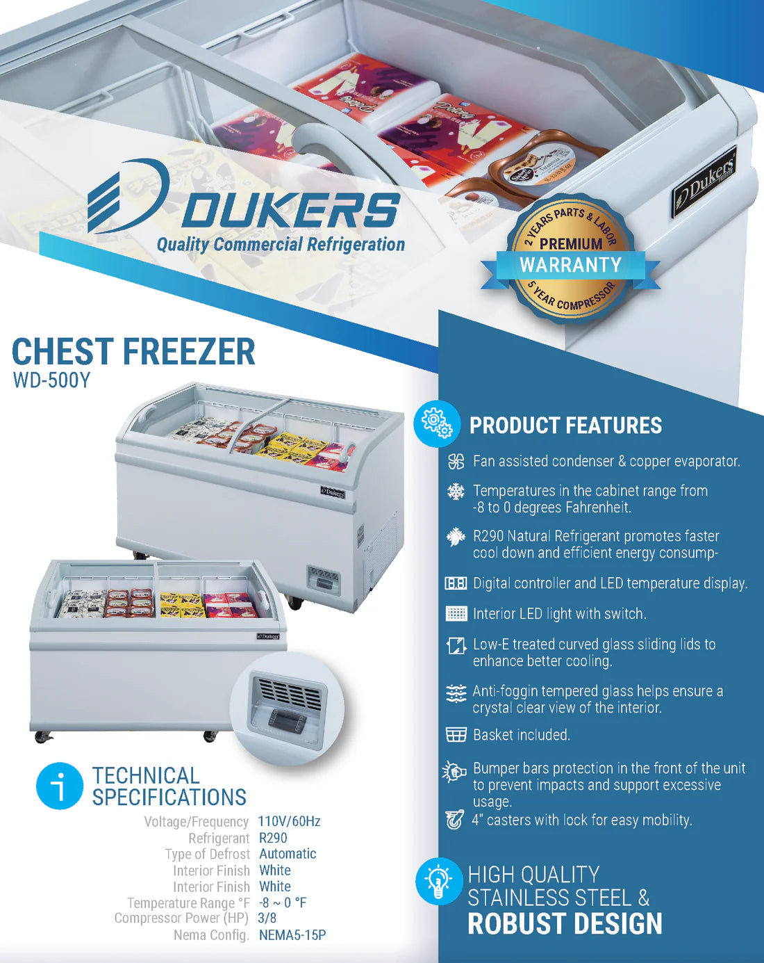 Dukers WD-500Y Commercial Chest Freezer in White