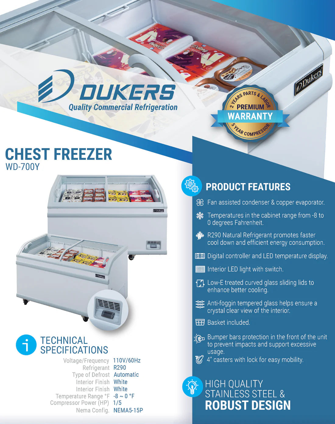 Dukers WD-700Y Commercial Chest Freezer in White