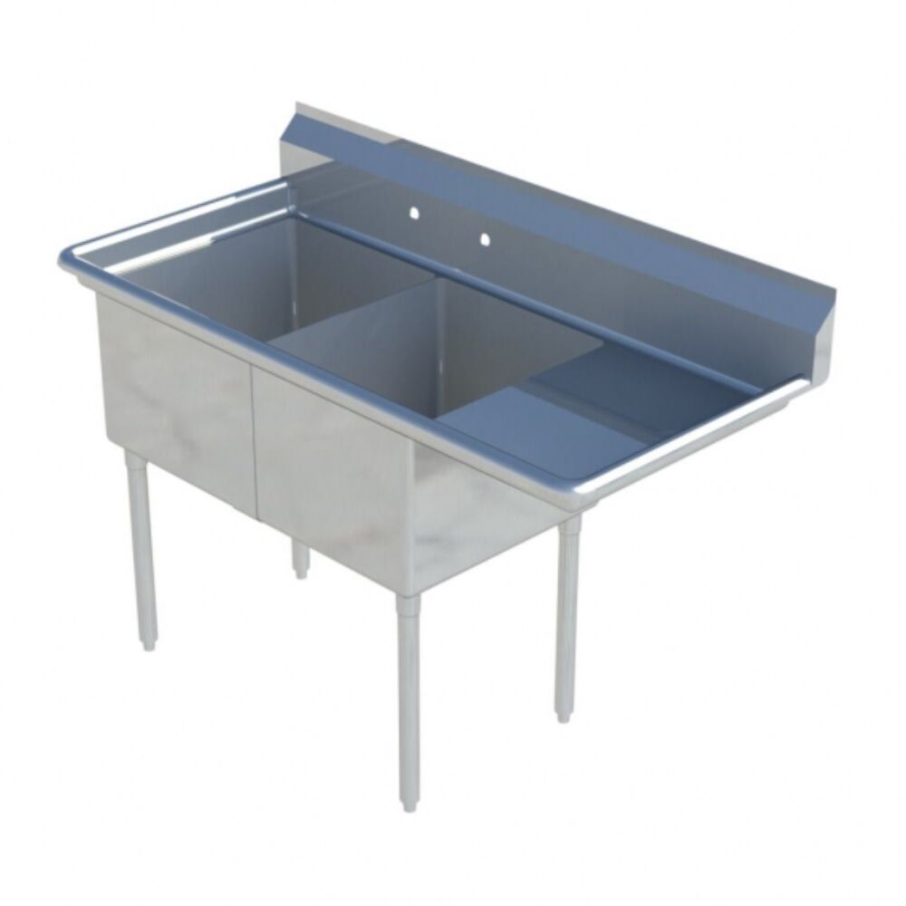 Sapphire Commercial Two Well Sink W Right Side DrainBoard with stainless steel finish and sturdy legs.